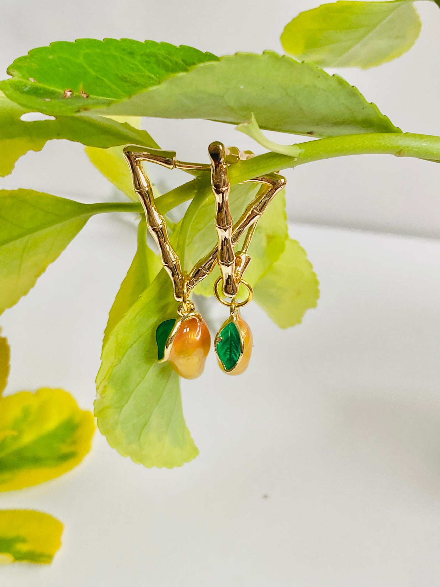 Enamelled 18kt gold plated mango fruit triangular gold bamboo earrings