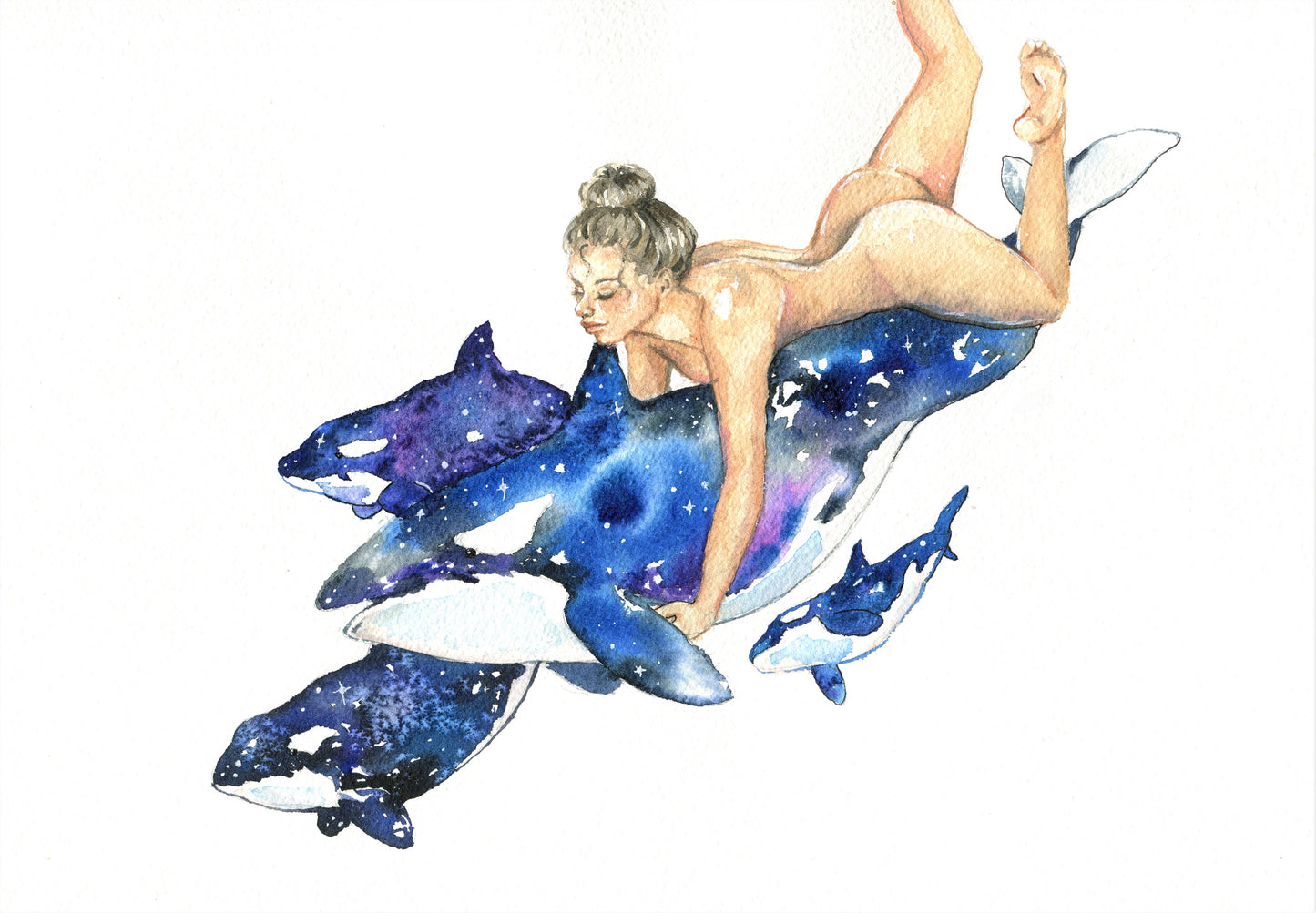 Orcas - a watercolour giclee art print of a nude woman riding on orcas