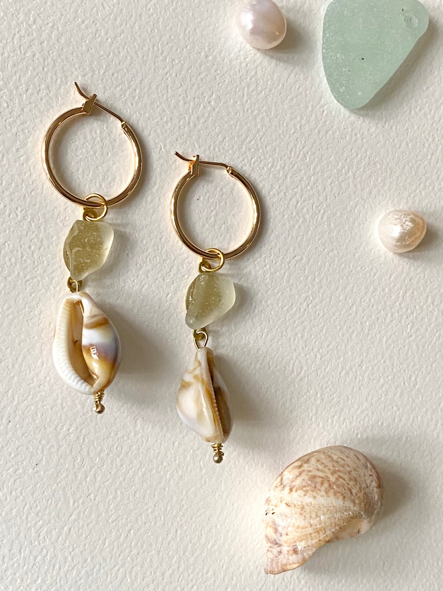 Asymmetrical seaglass shell Pearl mismatched statement earrings