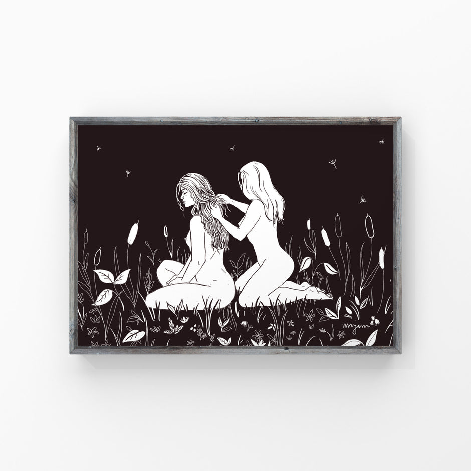 Ladies garden, Black and White ink illustration of two women in the garden