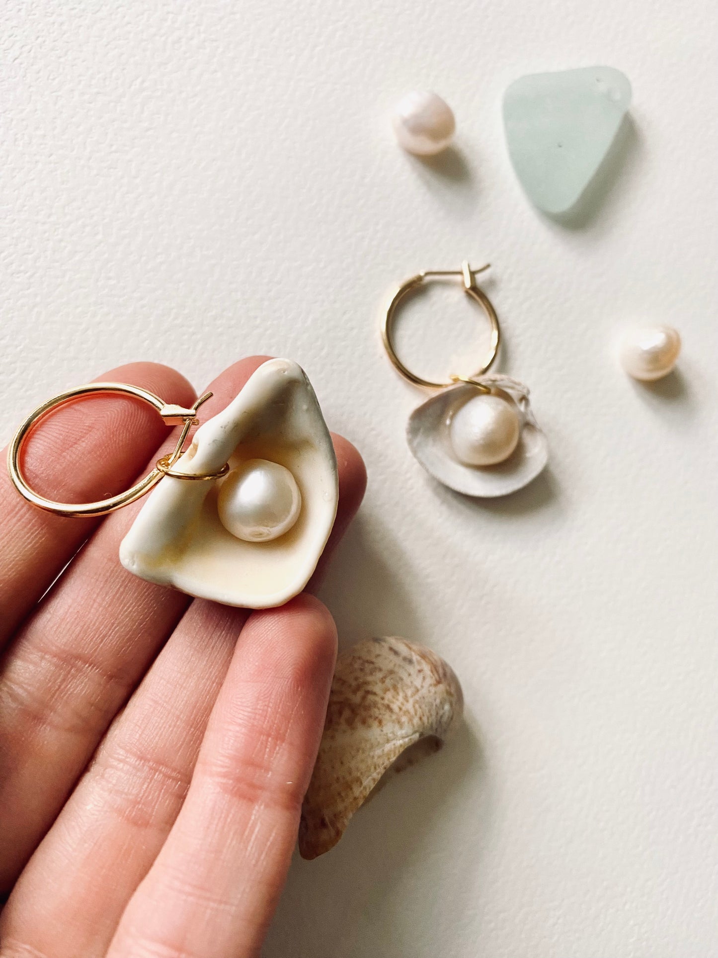 Asymmetrical seaglass shell Pearl mismatched statement earrings