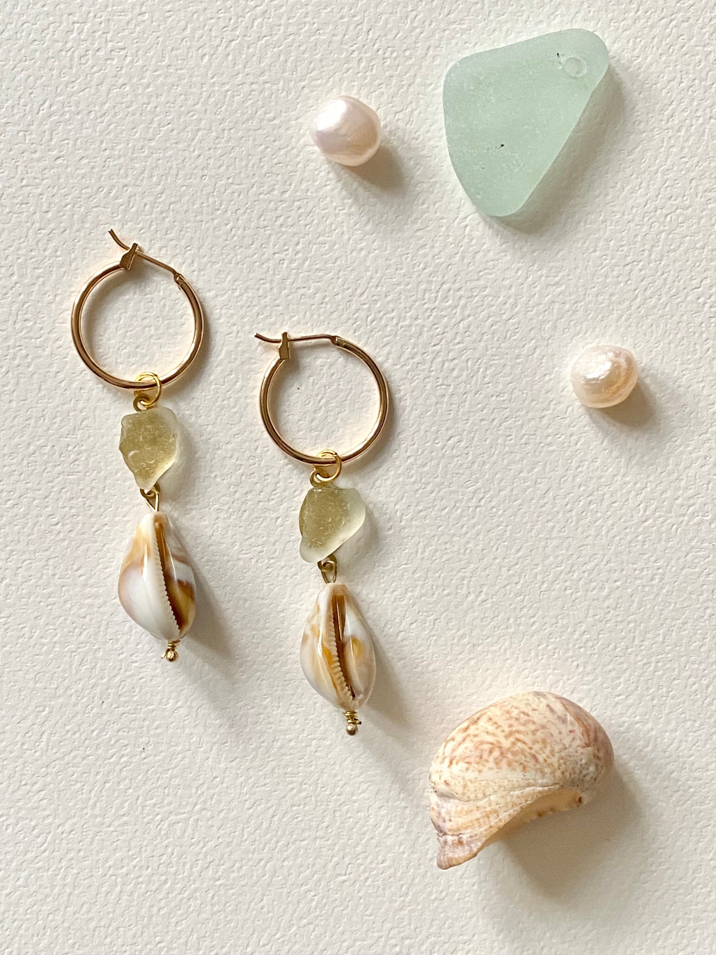 Asymmetrical seaglass shell Pearl mismatched statement earrings