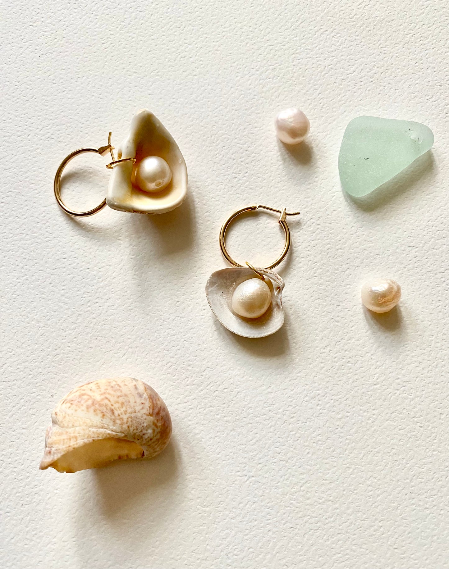 Asymmetrical seaglass shell Pearl mismatched statement earrings