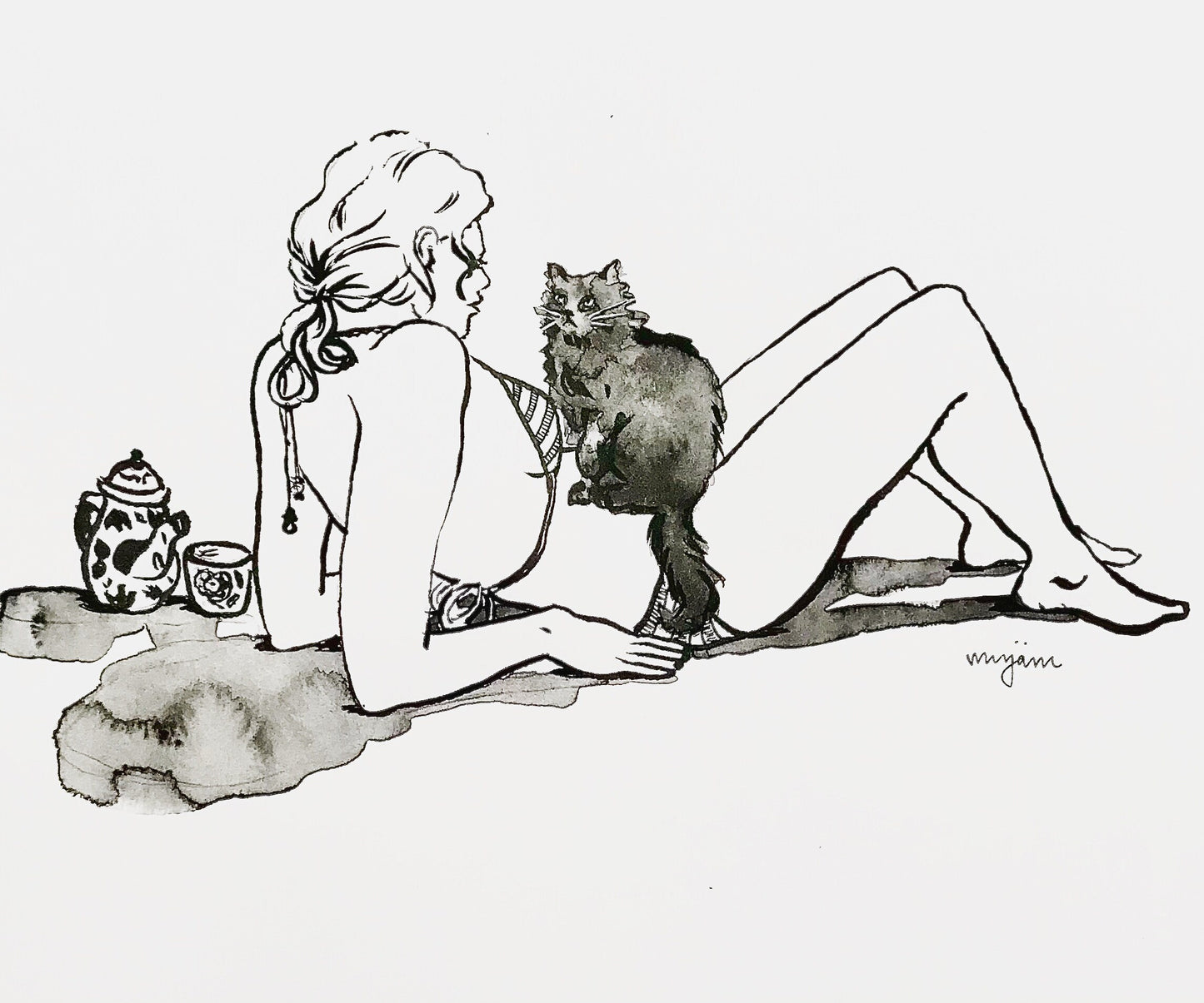 Sunbathing - ink illustration watercolour watercolor black and white painting print of a cat and a woman