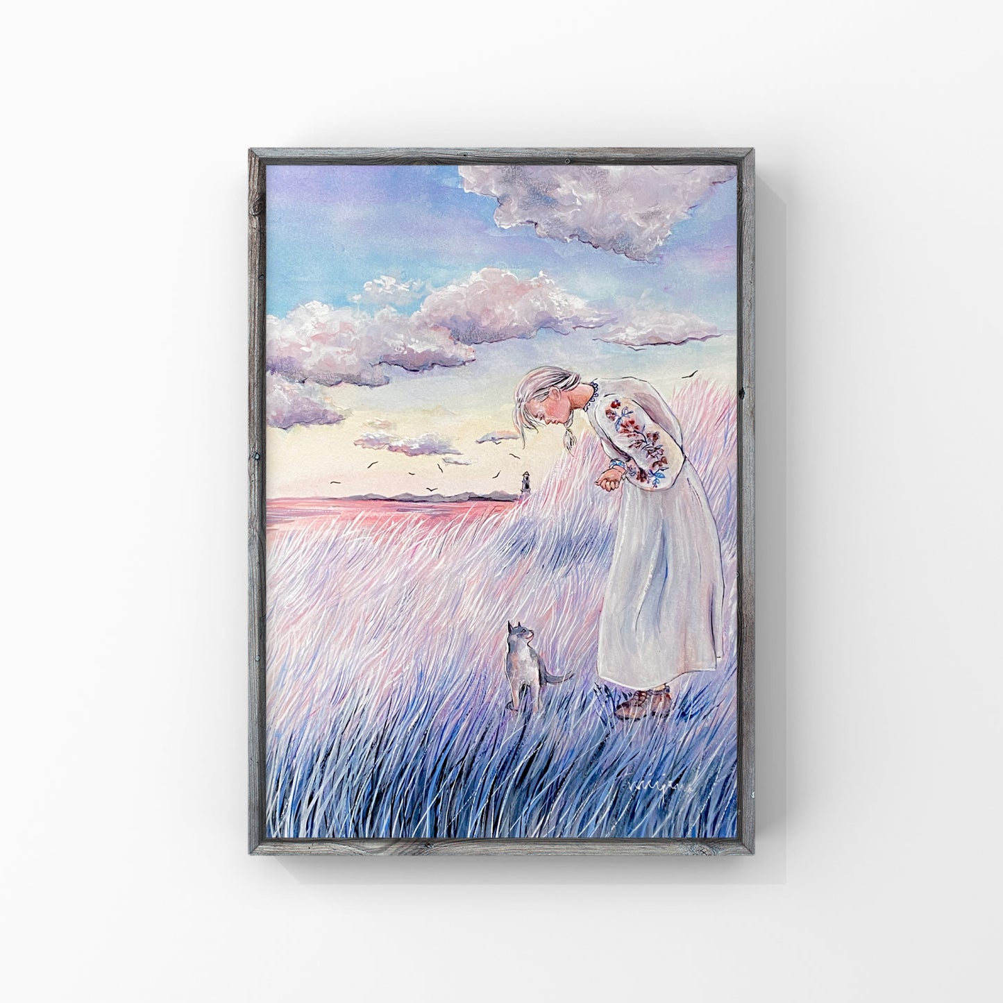 woman and a cat by the sea painting