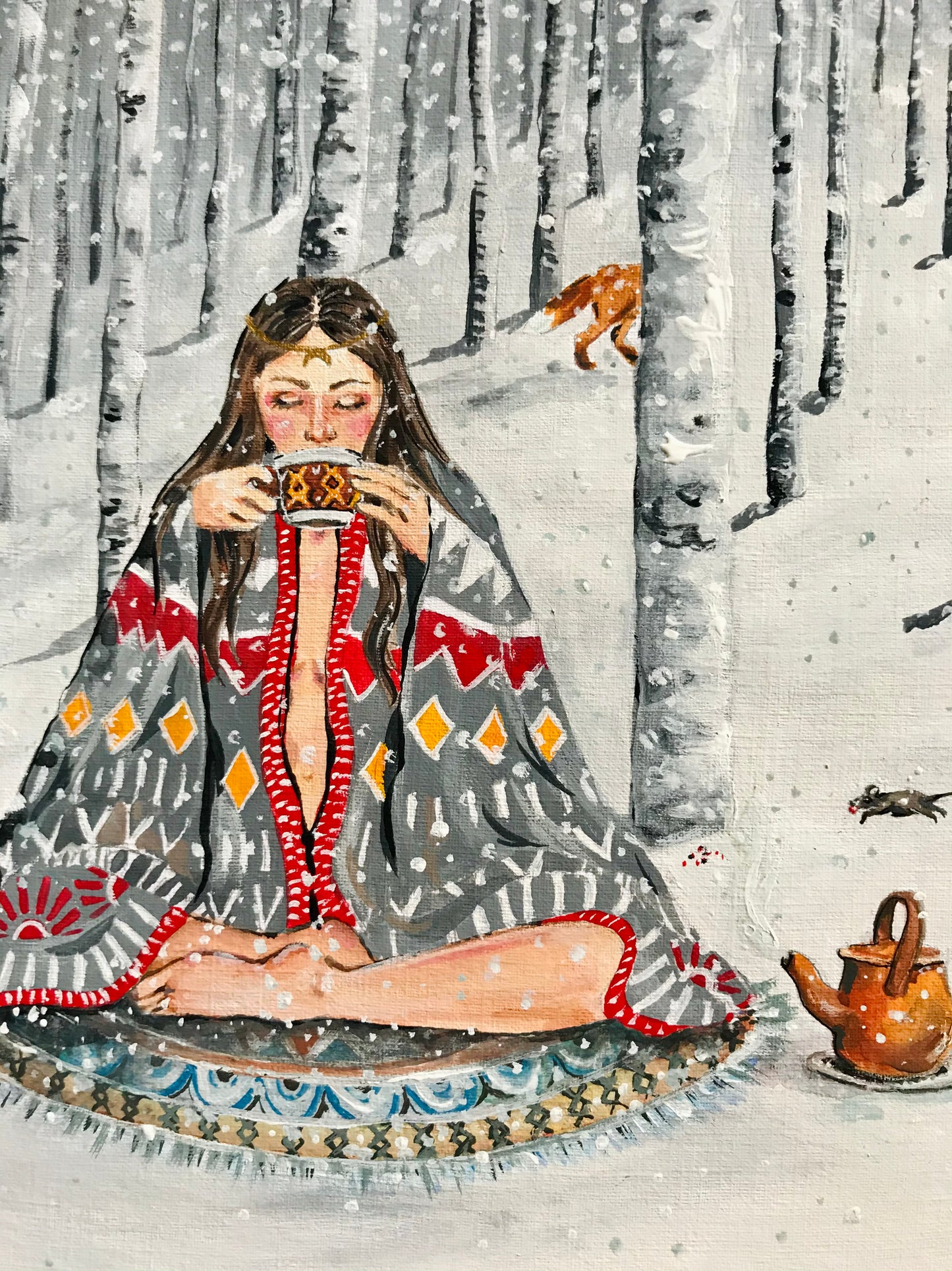 Forest Magick , Wintery forest Christmas snowy landscape original gouache painting print of a woman drinking tea in the forest with animals