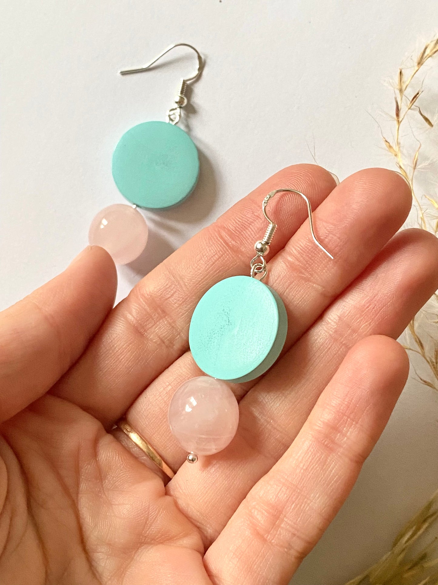 Handmade sterling silver long drop earrings with Rose Quartz Crystal and turquoise wood