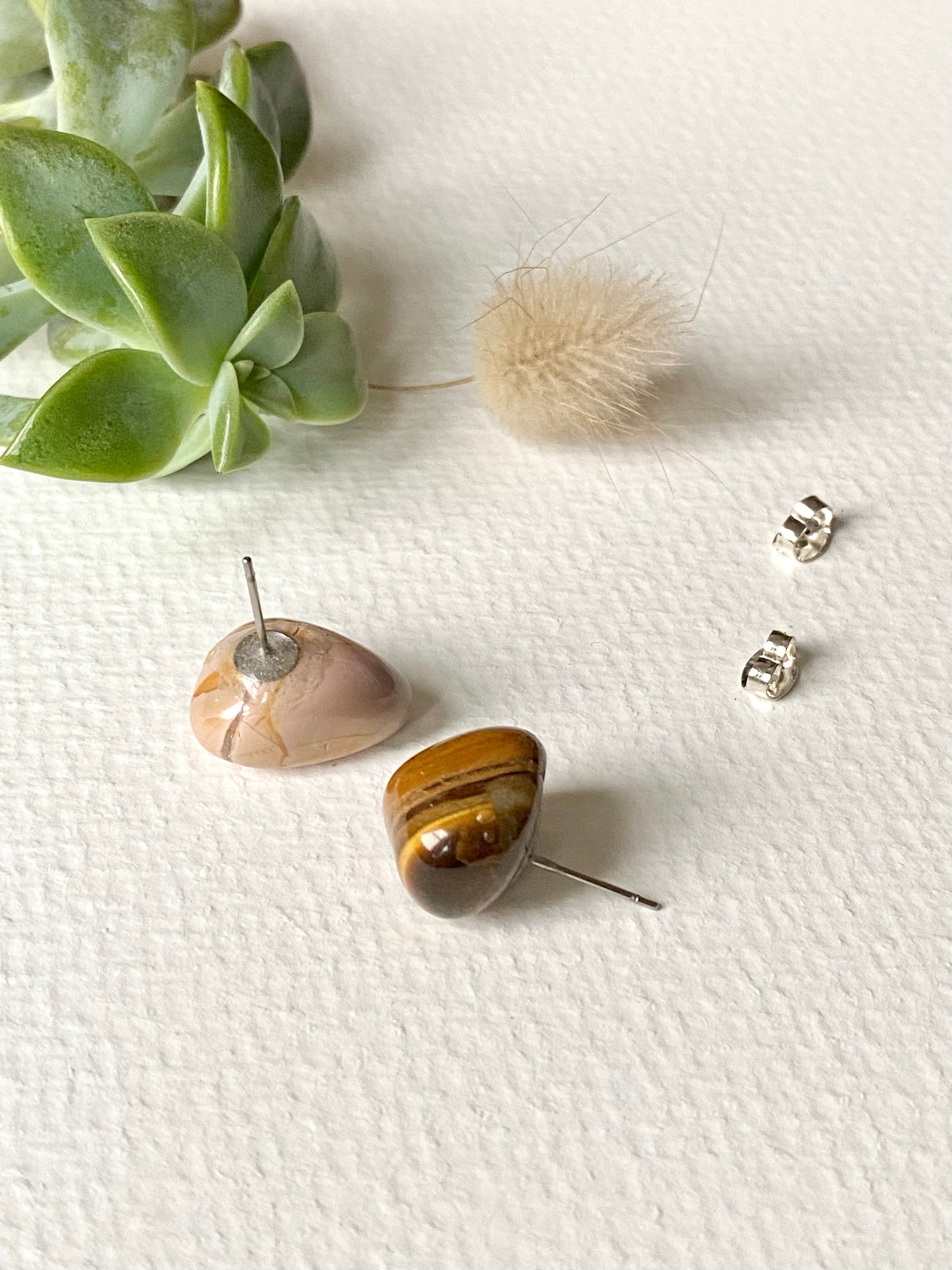 Tiger Eye and Botswana Pink Agate stud crystal ethnic quirky earrings