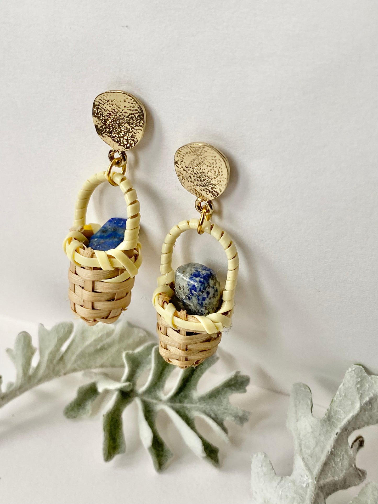 Woven rattan mini basket blue lapis lazuli quirky earrings