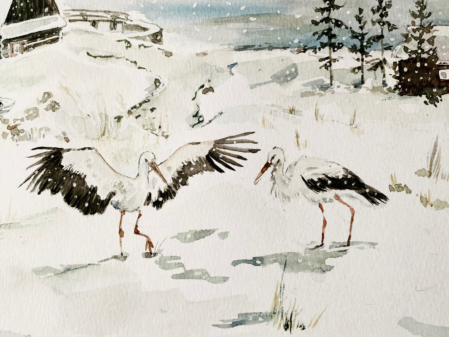 Storks in the Snow , winter snowy landscape Christmas card print watercolour painting art of storks in snow Finnish Scandinavian folk art