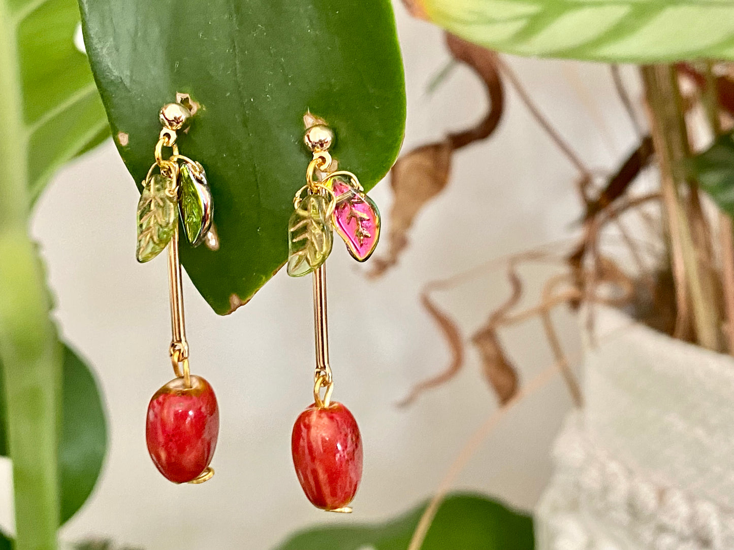 Handmade Red apple cherry fruit berry ceramic and glass drop earrings with glass leaves. Scandinavian nature inspired.