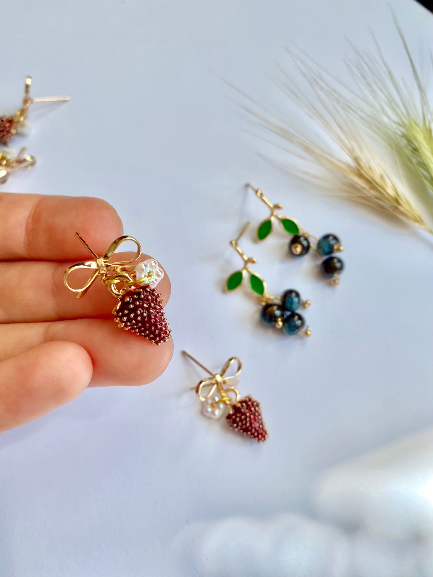 Fruit de bois Handmade statement strawberry blueberry 22 kt gold plated drop earrings made with ceramic and alloy beads