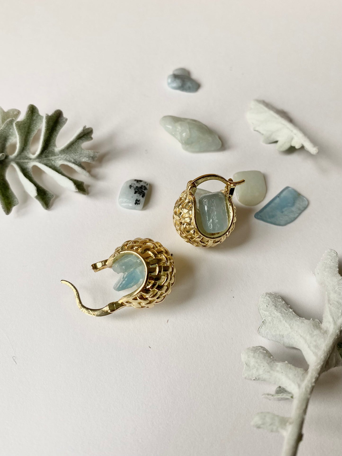 Golden woven mini basket with aquamarine earrings