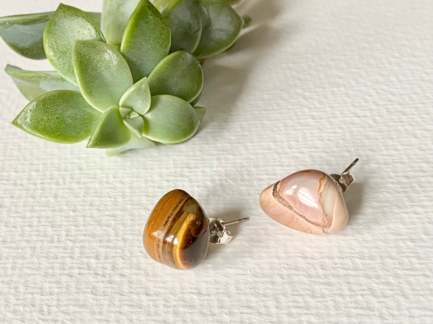 Tiger Eye and Botswana Pink Agate stud crystal ethnic quirky earrings