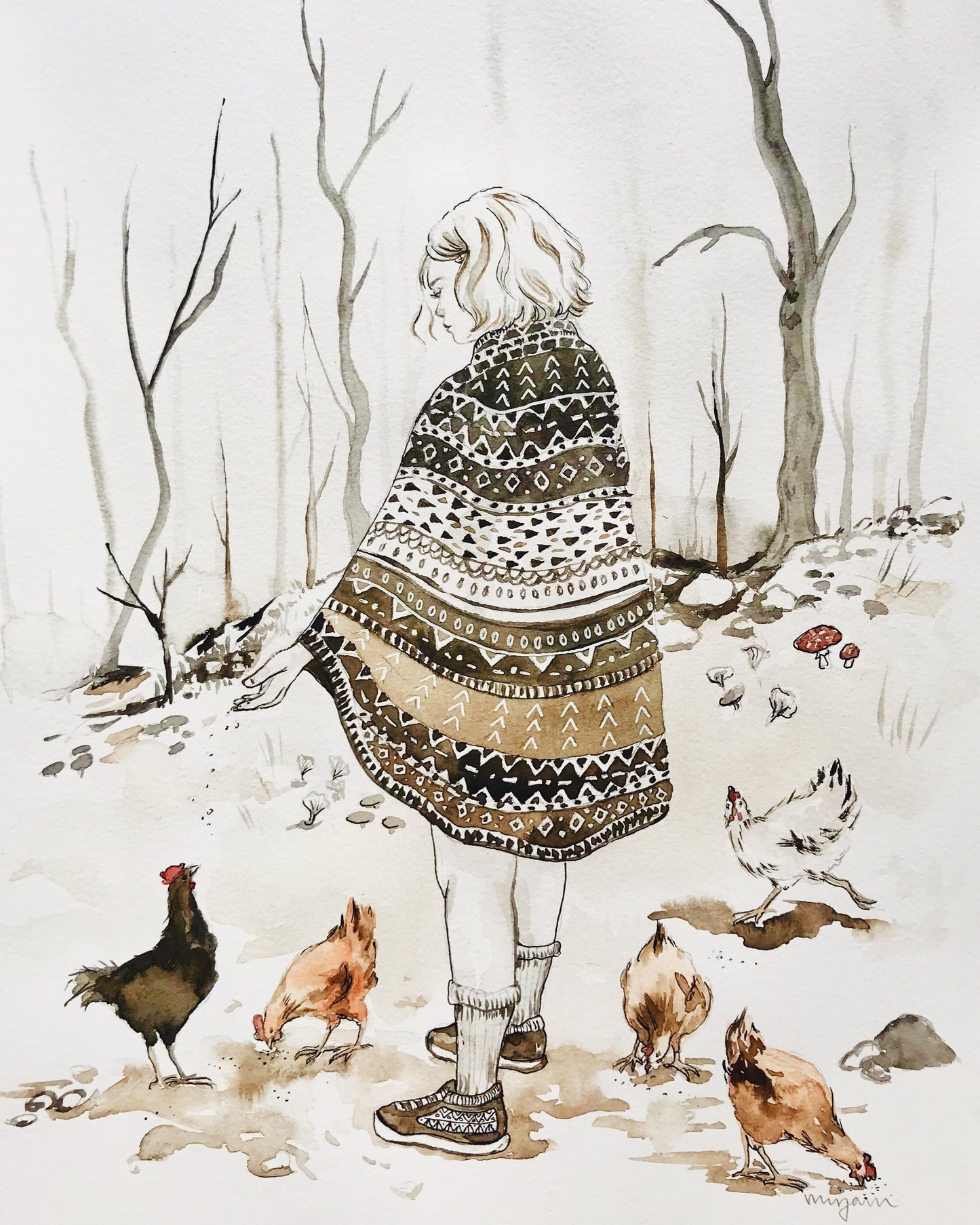 Treats , original painting watercolour watercolor print of a girl feeding chickens. Folk art