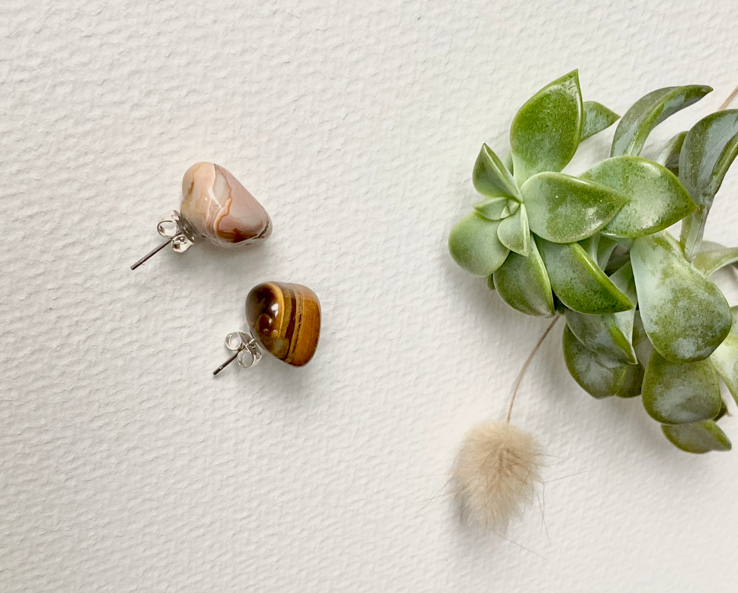 Tiger Eye and Botswana Pink Agate stud crystal ethnic quirky earrings