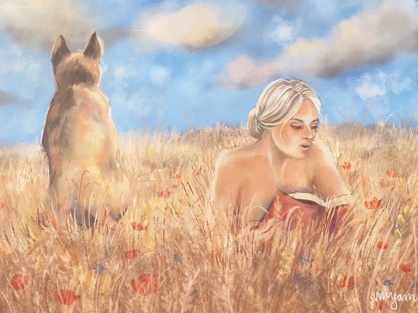 Golden Rays, folk art giclee print of a woman and a dog sunbathing in the field of poppies