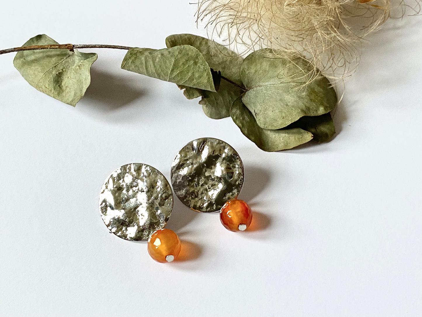 silver plated hammered ethnic disc earrings with orange Carnelian Crystal Beads