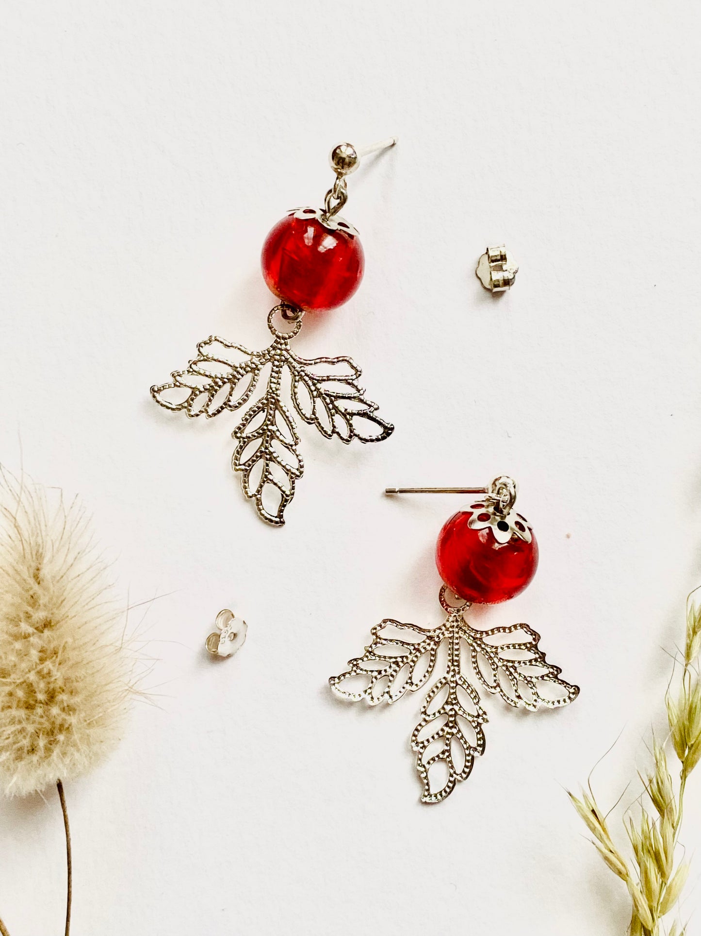 Handmade silver plated lingonberry winter berry glass drop earrings. Christmas gift. Scandinavian nature