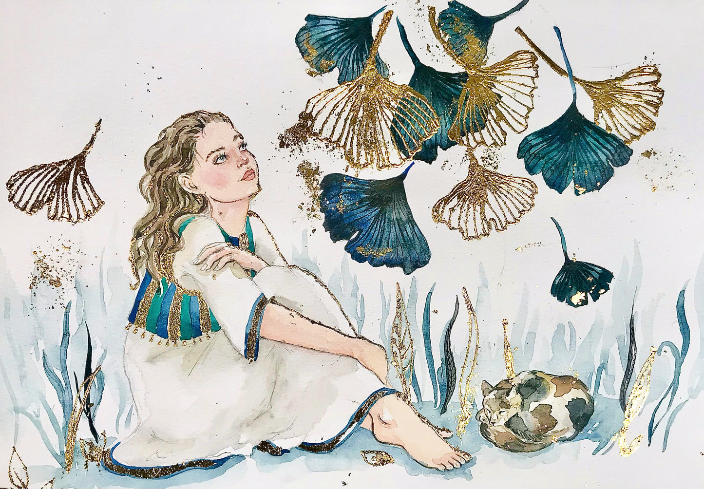 Golden Hour , original watercolor painting embellished with real gold leaf. Folktale theme of a woman , gingko leaves & cat