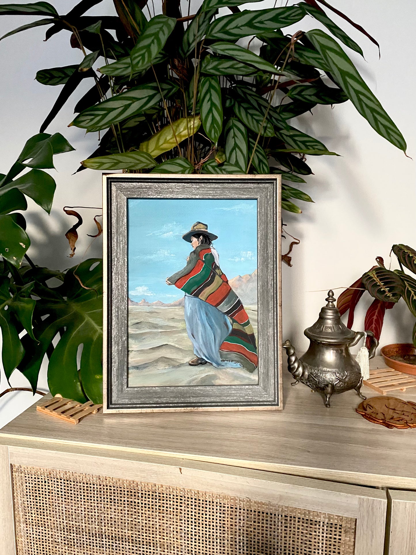 Desert wind, original gouache fine art illustration of a woman shaman in the desert. Mexican South American folk art.