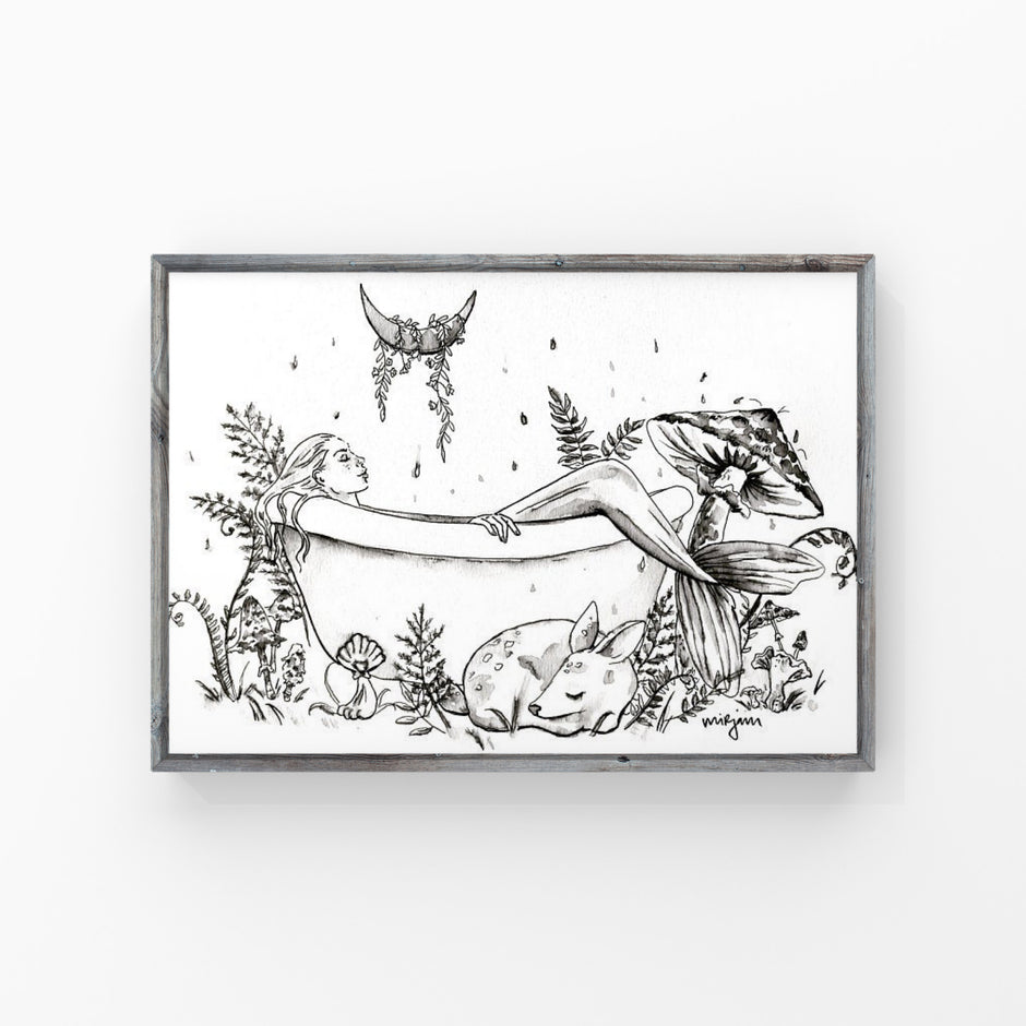 Forest Bathing- watercolour ink illustration of a mermaid and animals in the forest