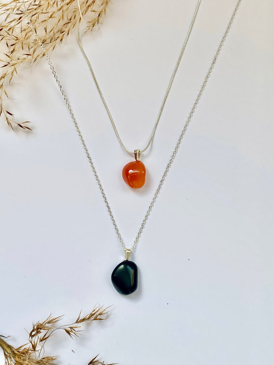 Obsidian or Carnelian Crystal pendant necklace with sterling silver chain