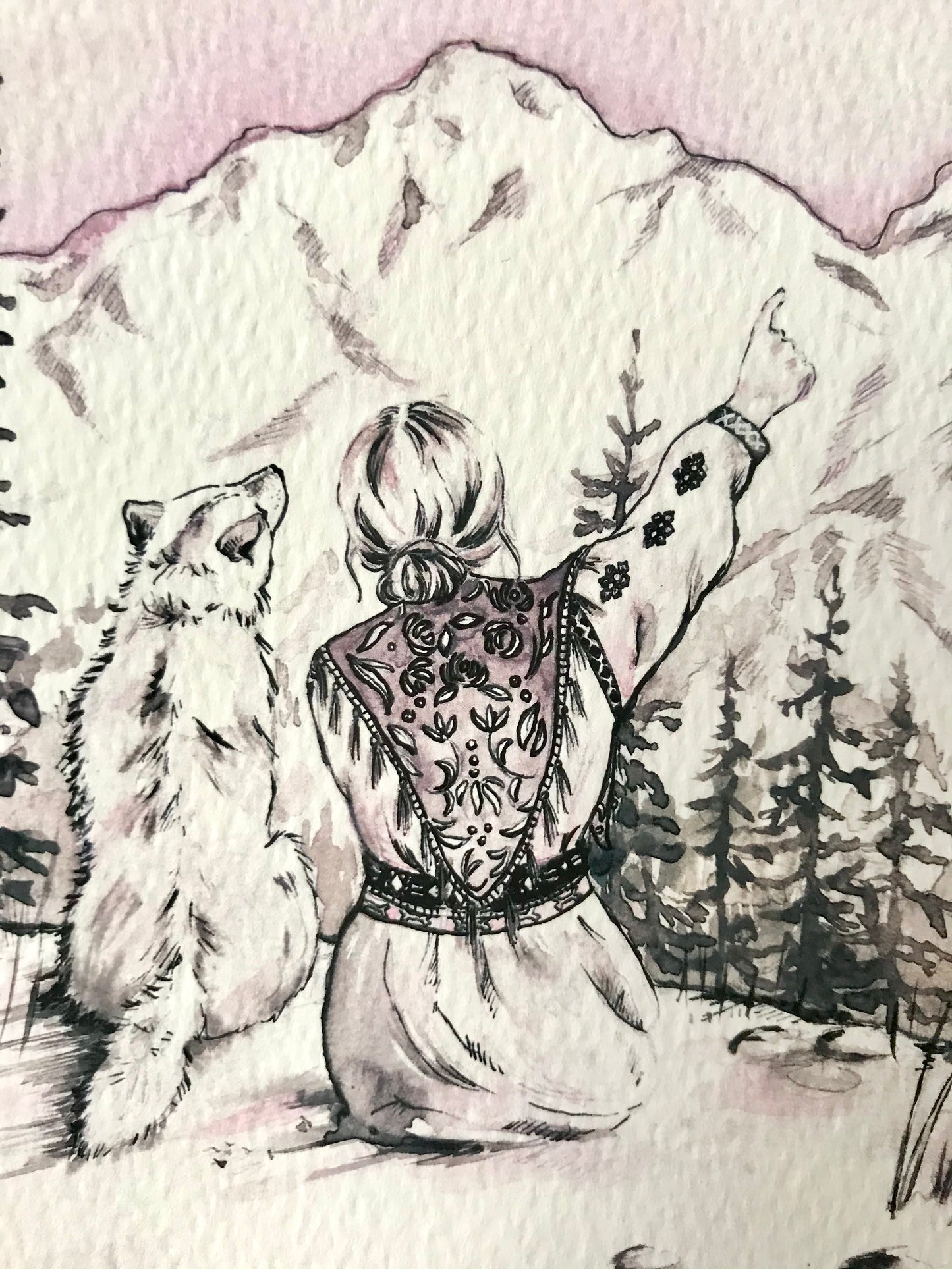 Mountain Echo , original folk art watercolor painting ink drawing print of a woman a wolf on a mountain looking at the landscape