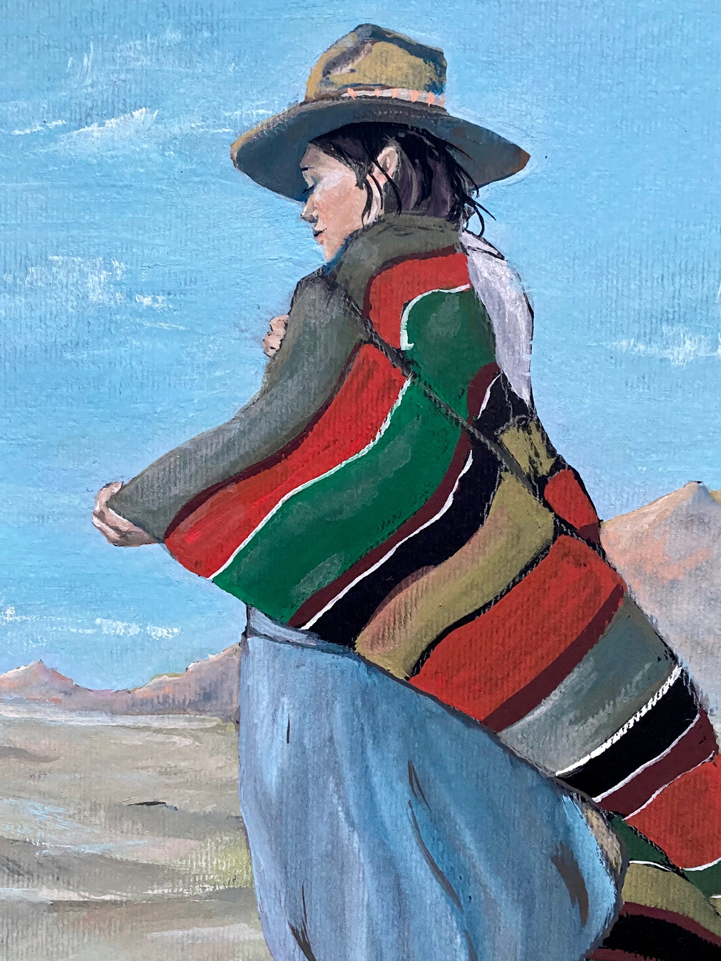 Desert Wind - Desert wind, original gouache fine art painting illustration print of a woman shaman in the desert. Mexican South American folk art