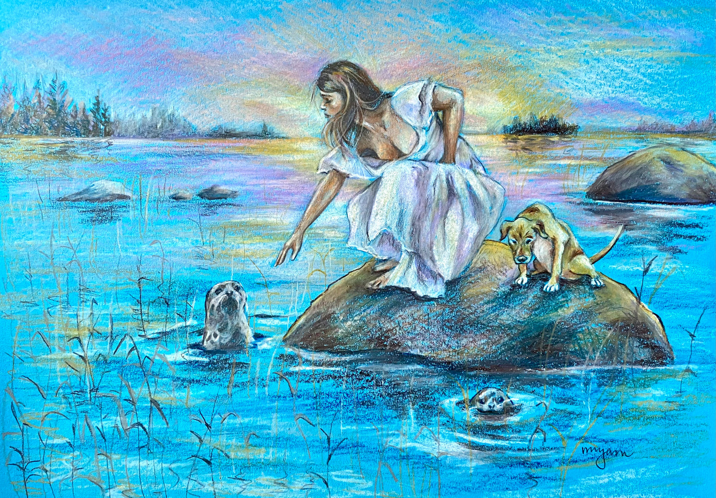 Lake Saimaa, original blue colour pencil drawing of a woman and a dog by a sunset lake in Finland with ringed seals. Original art