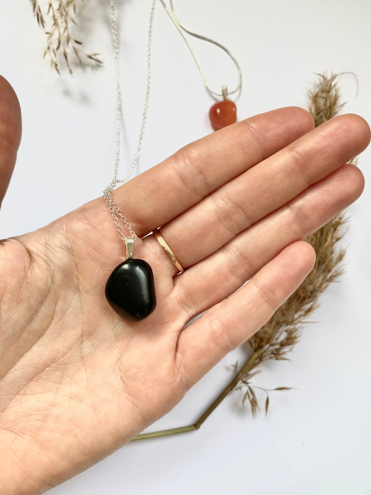 Obsidian or Carnelian Crystal pendant necklace with sterling silver chain