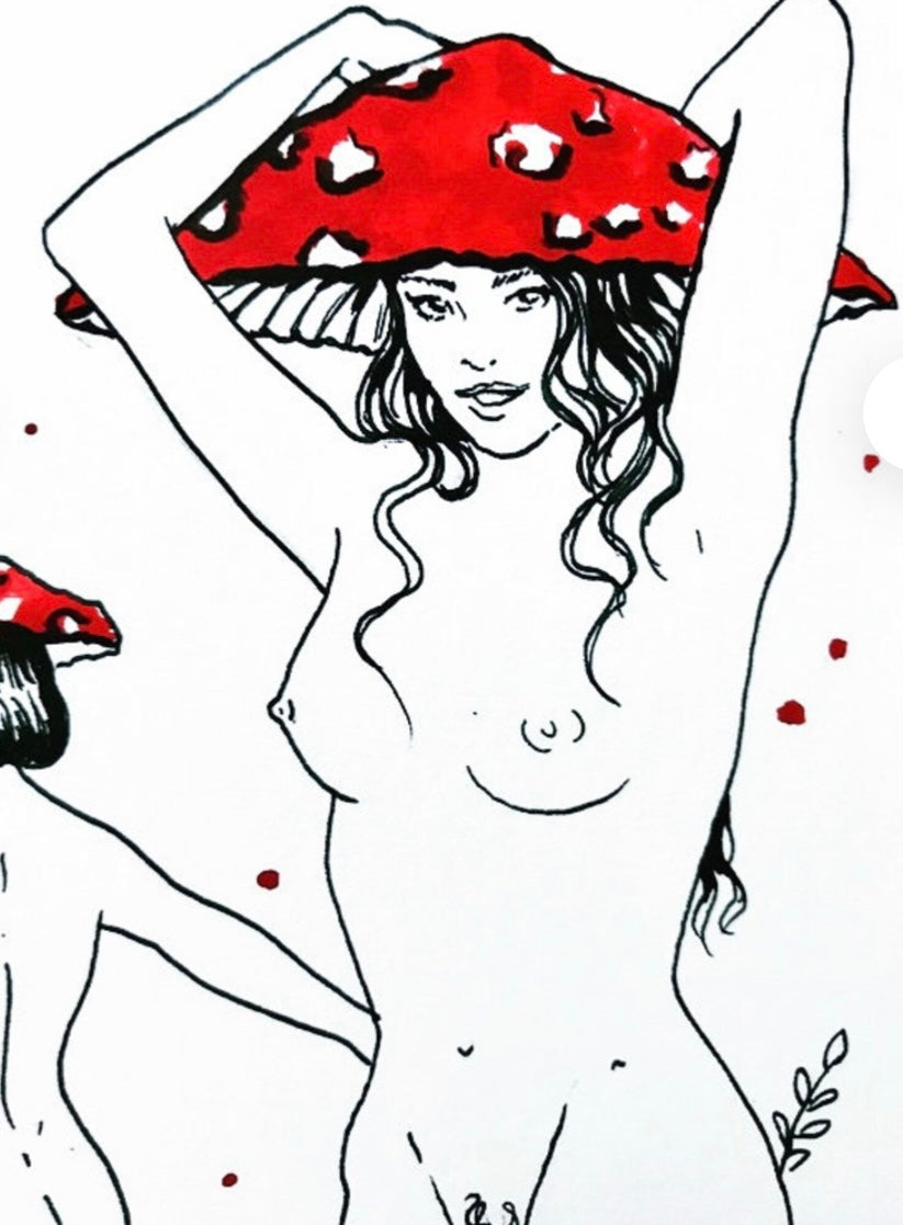 Wildlings, ink illustration print of a nude mushroom fairies