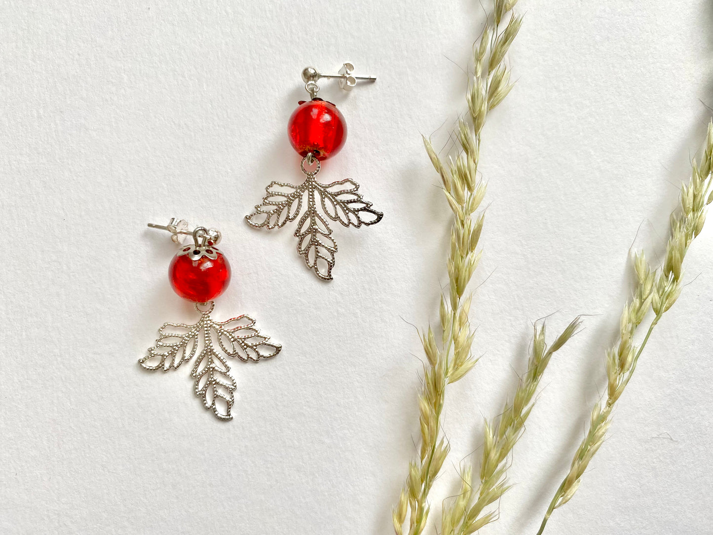 Handmade silver plated lingonberry winter berry glass drop earrings. Christmas gift. Scandinavian nature