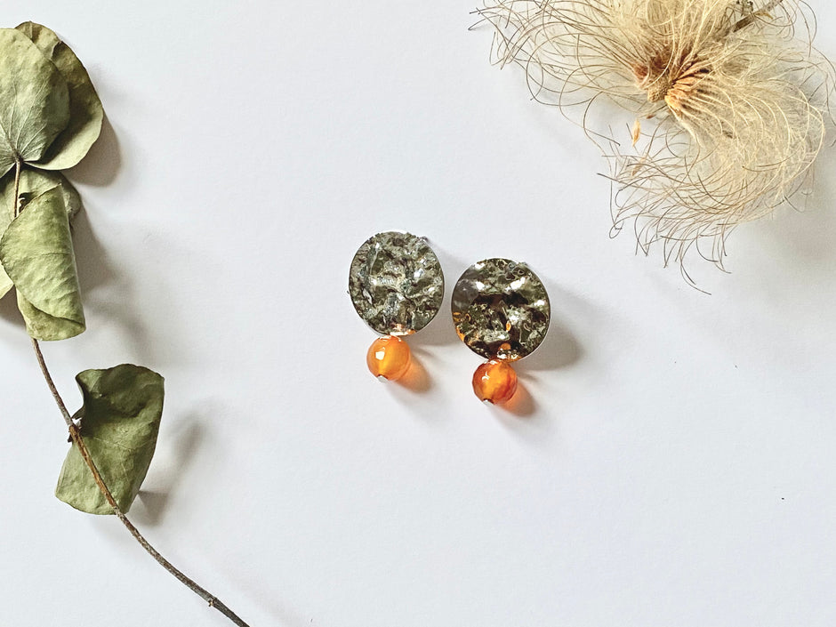 silver plated hammered ethnic disc earrings with orange Carnelian Crystal Beads