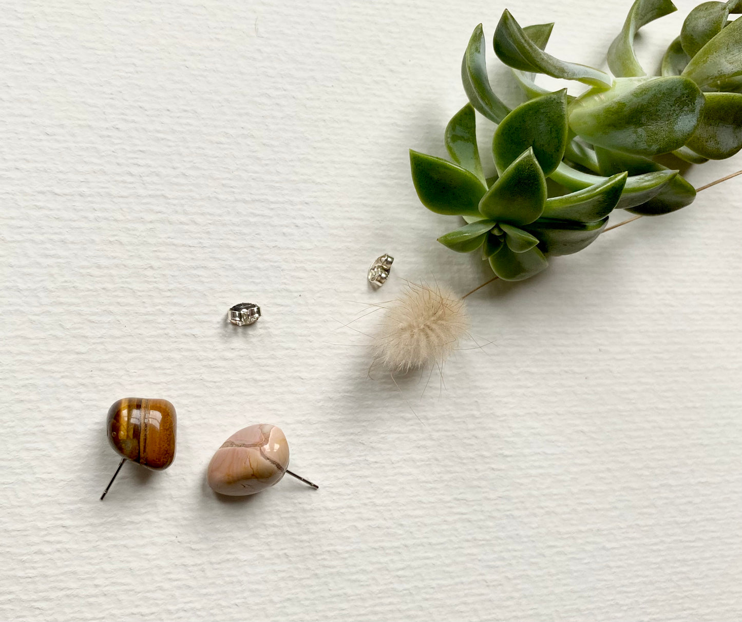 Tiger Eye and Botswana Pink Agate stud crystal ethnic quirky earrings