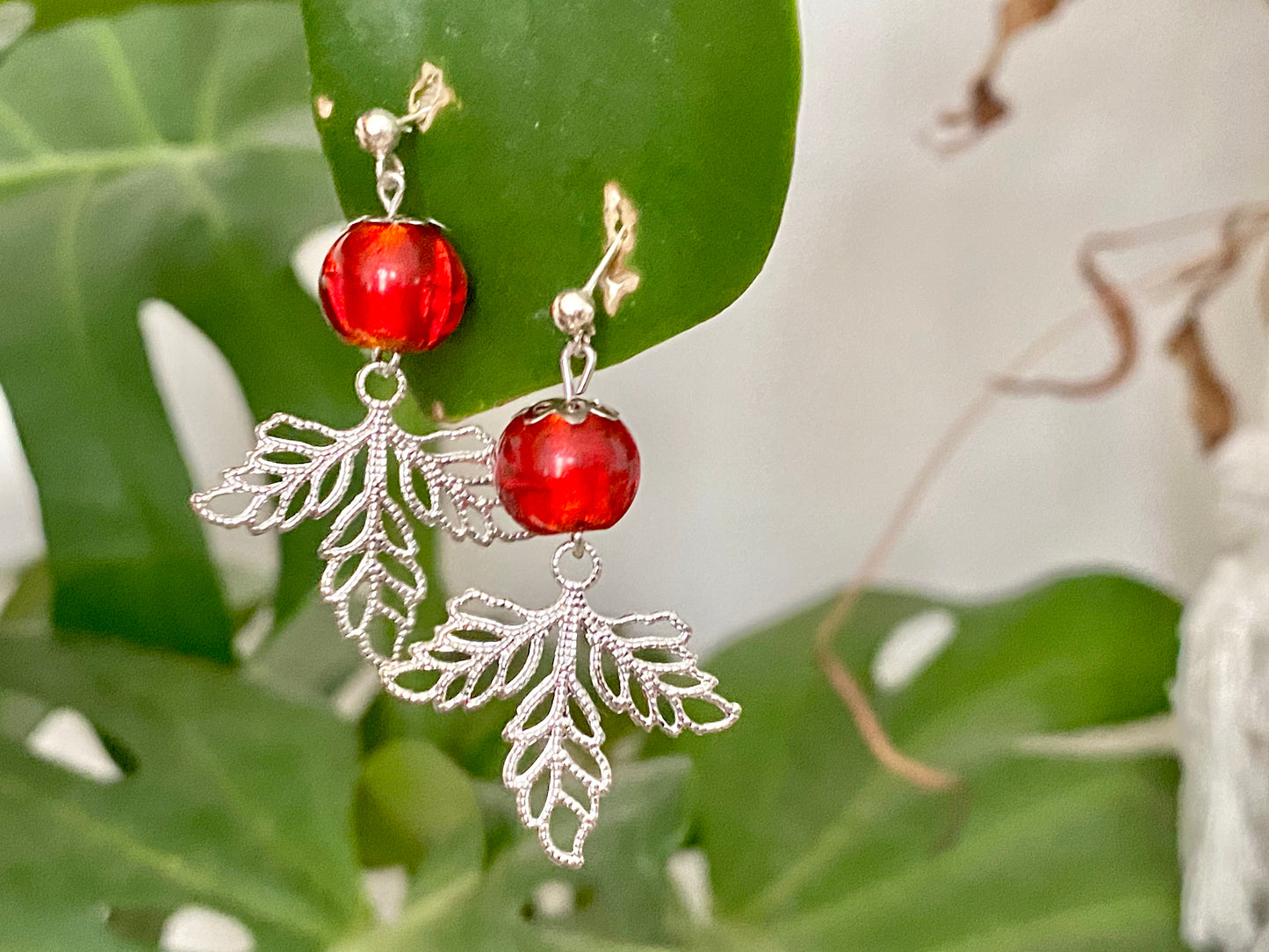 Handmade silver plated lingonberry winter berry glass drop earrings. Christmas gift. Scandinavian nature