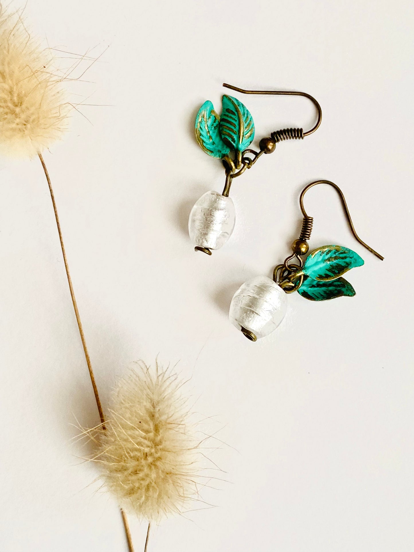 Lily of the valley snow drop glass Pearl flower drop earrings with green brass leaves. Perfect gift