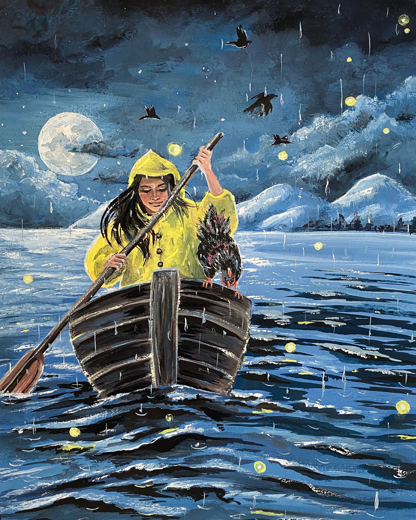 Home Journey - original gouache painting art illustration print of a girl woman rowing a boat with a cockerel in moonlight rain night sky