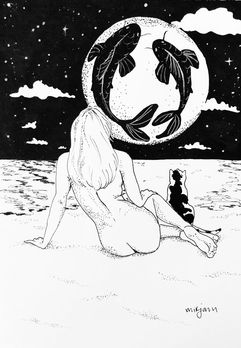 Pisces Moon -black and white print of a nude woman, cat and the moon