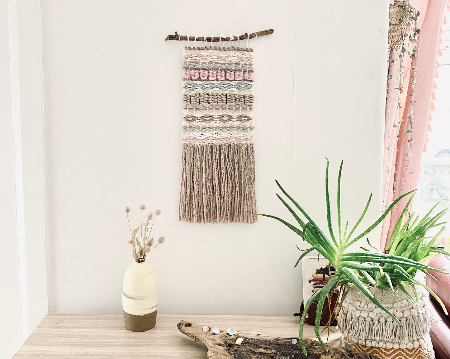 Pastel Folk , cream white blue brown pink folklore tapestry macrame wall hanging