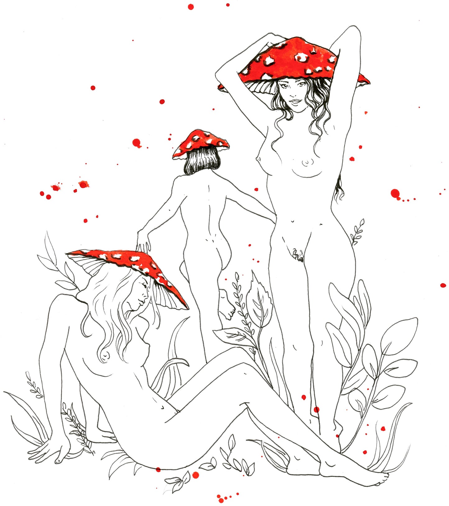 Wildlings, ink illustration print of a nude mushroom fairies