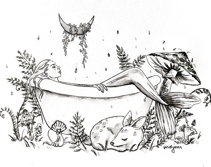 Forest Bathing- watercolour ink illustration of a mermaid and animals in the forest