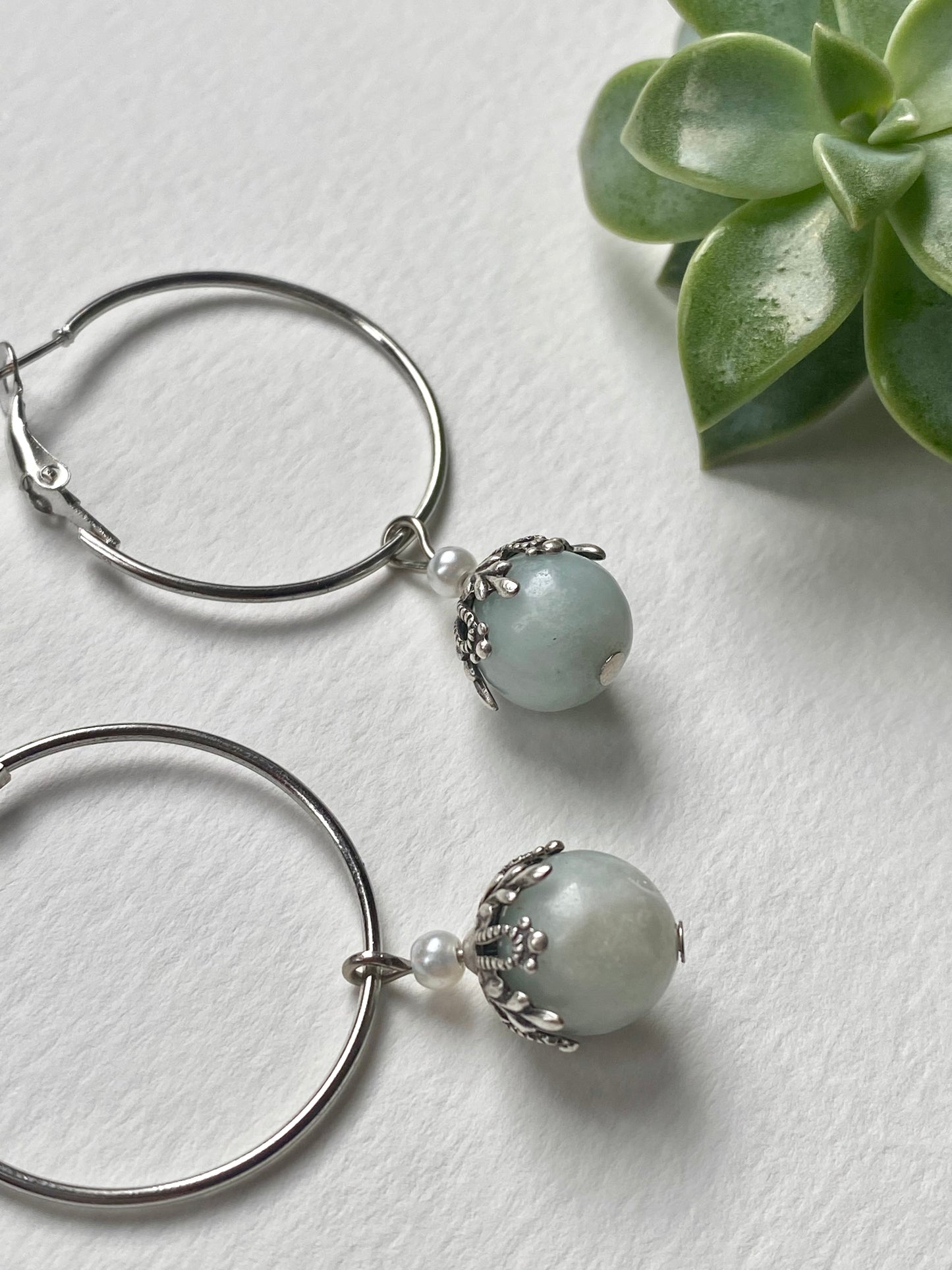 Caribbean blue turquoise calcite crystal silver hoop earrings