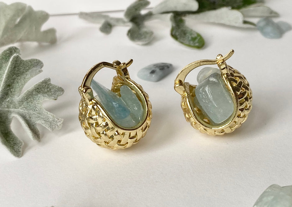 Golden woven mini basket with aquamarine earrings