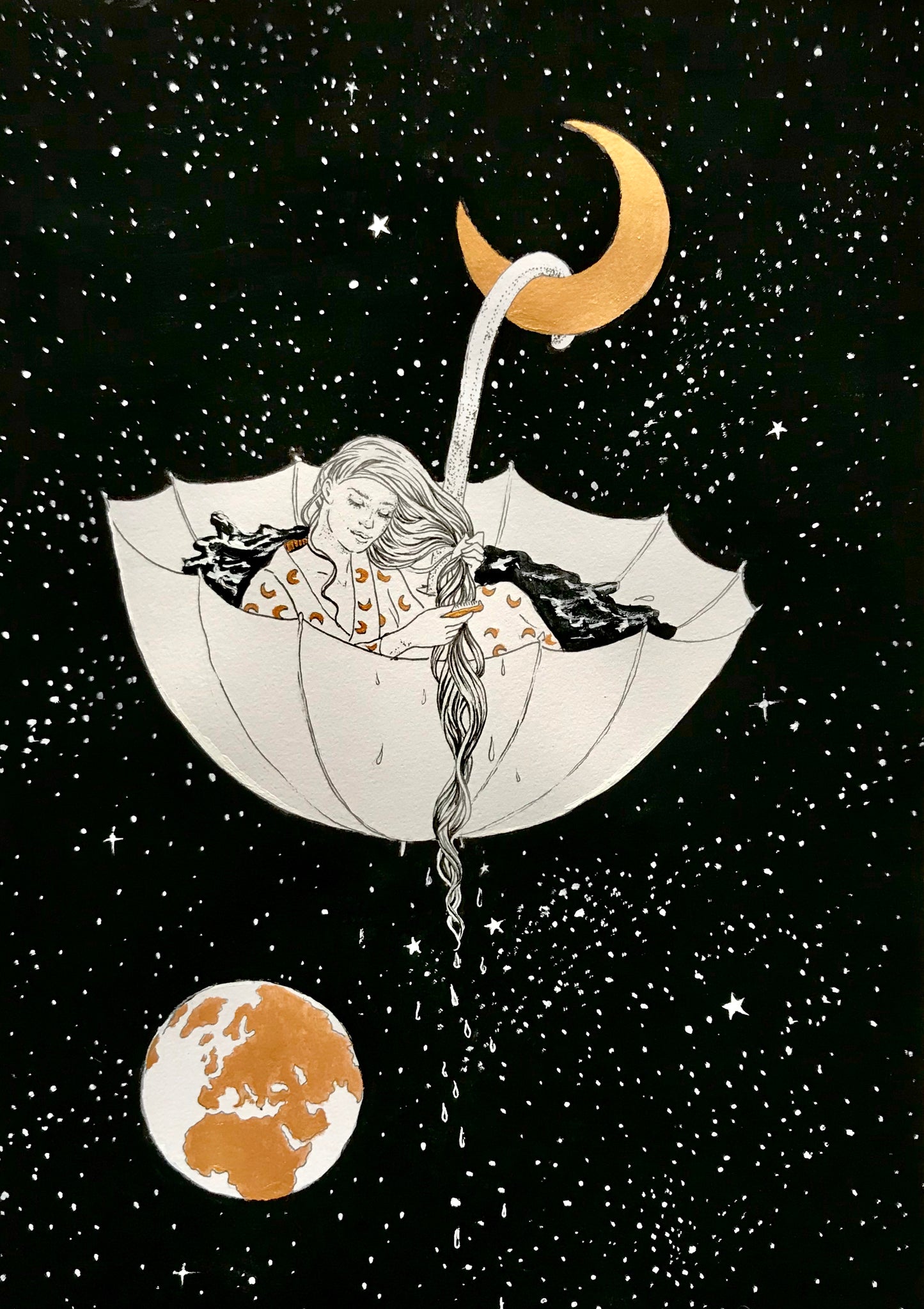 Moon Bathing - original black and white painting art ink illustration print of a beautiful woman surrounded by moon stars earth