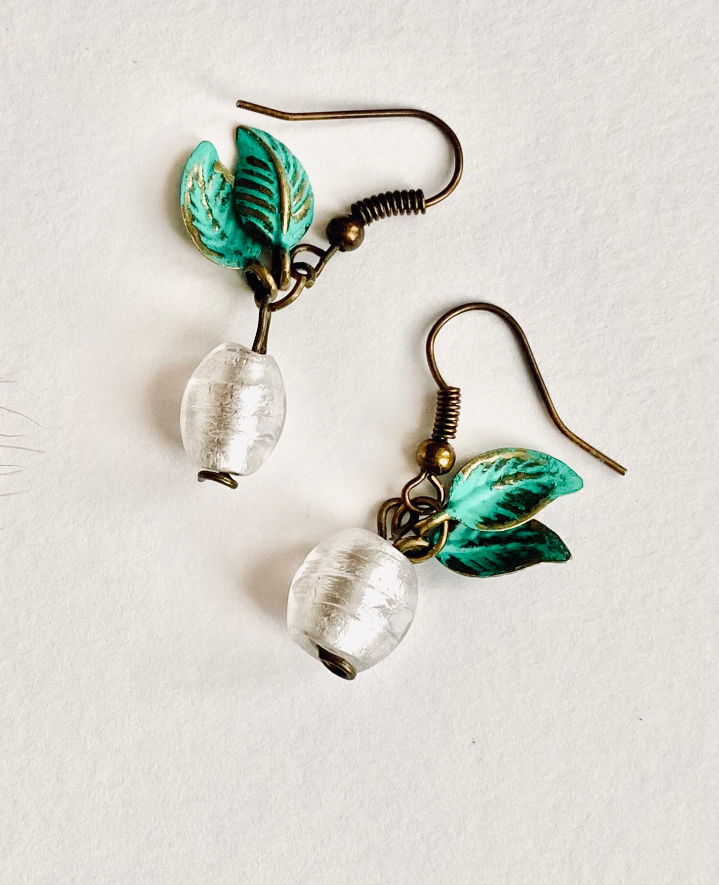 Lily of the valley snow drop glass Pearl flower drop earrings with green brass leaves. Perfect gift