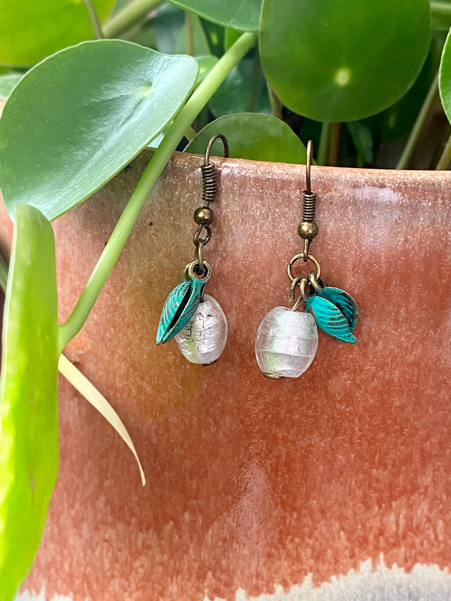 Lily of the valley snow drop glass Pearl flower drop earrings with green brass leaves. Perfect gift