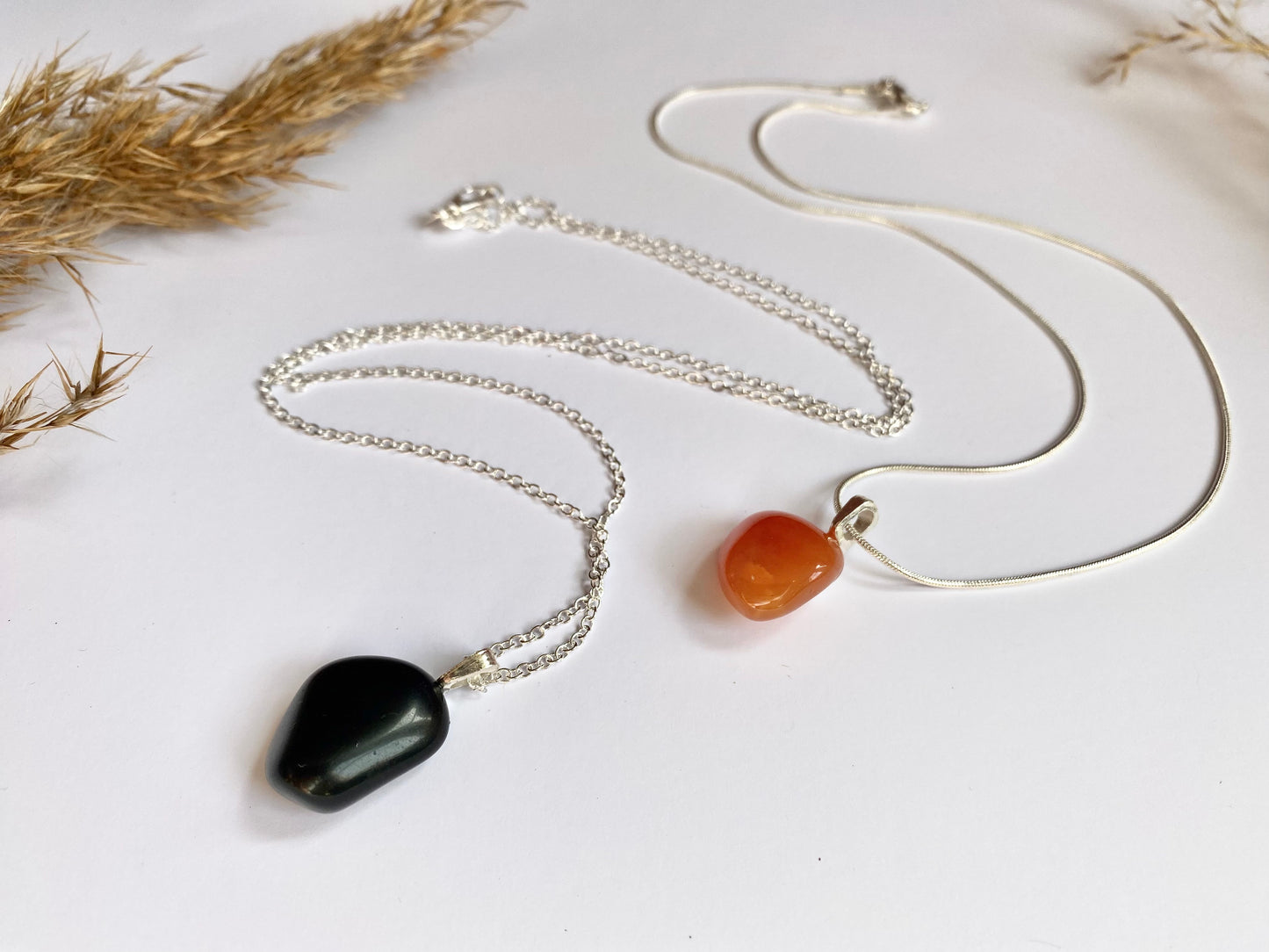 Obsidian or Carnelian Crystal pendant necklace with sterling silver chain