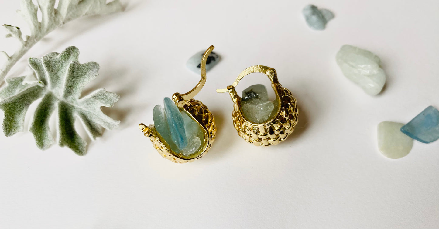 Golden woven mini basket with aquamarine earrings