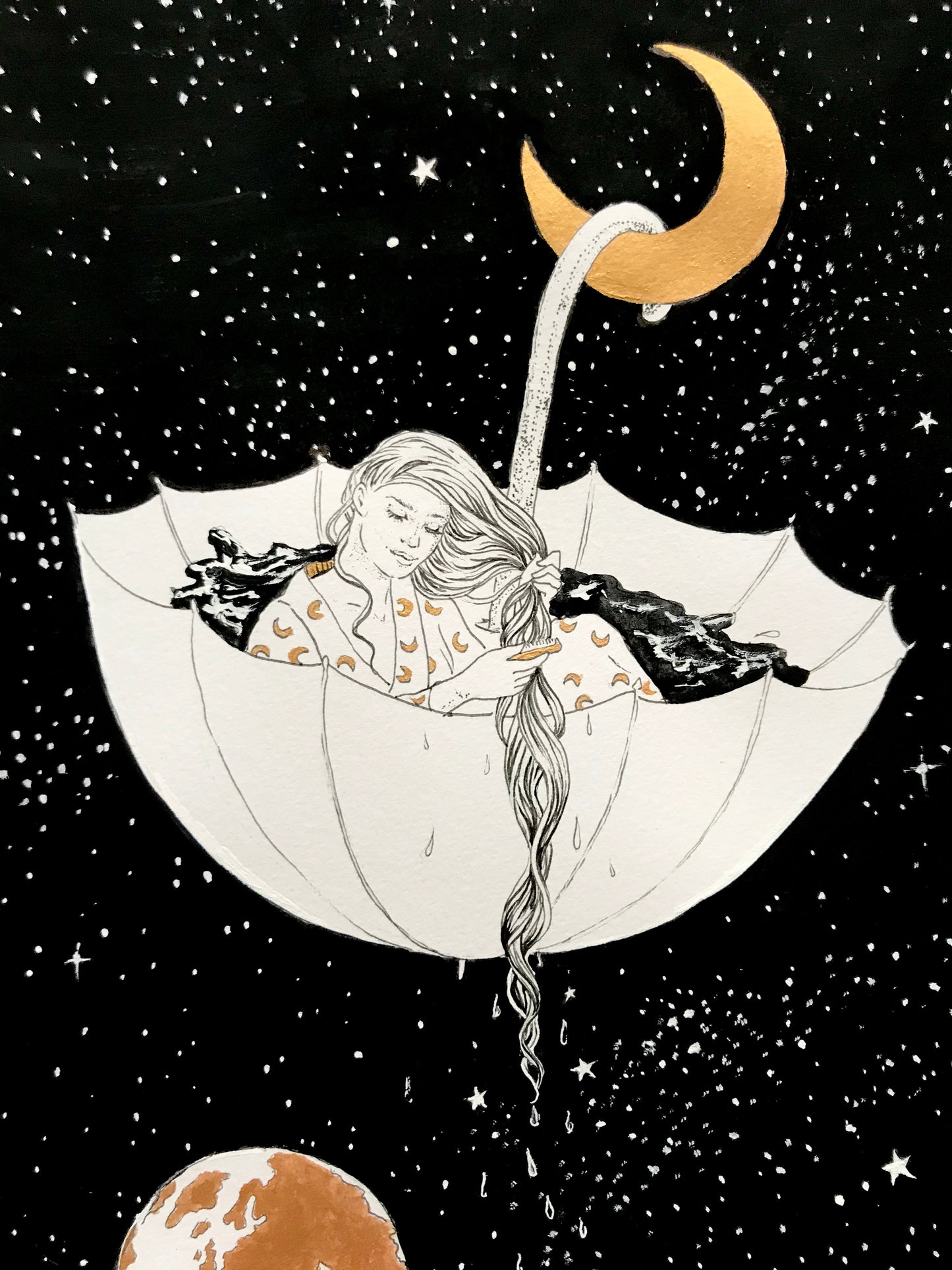 Moon Bathing - original black and white painting art ink illustration print of a beautiful woman surrounded by moon stars earth